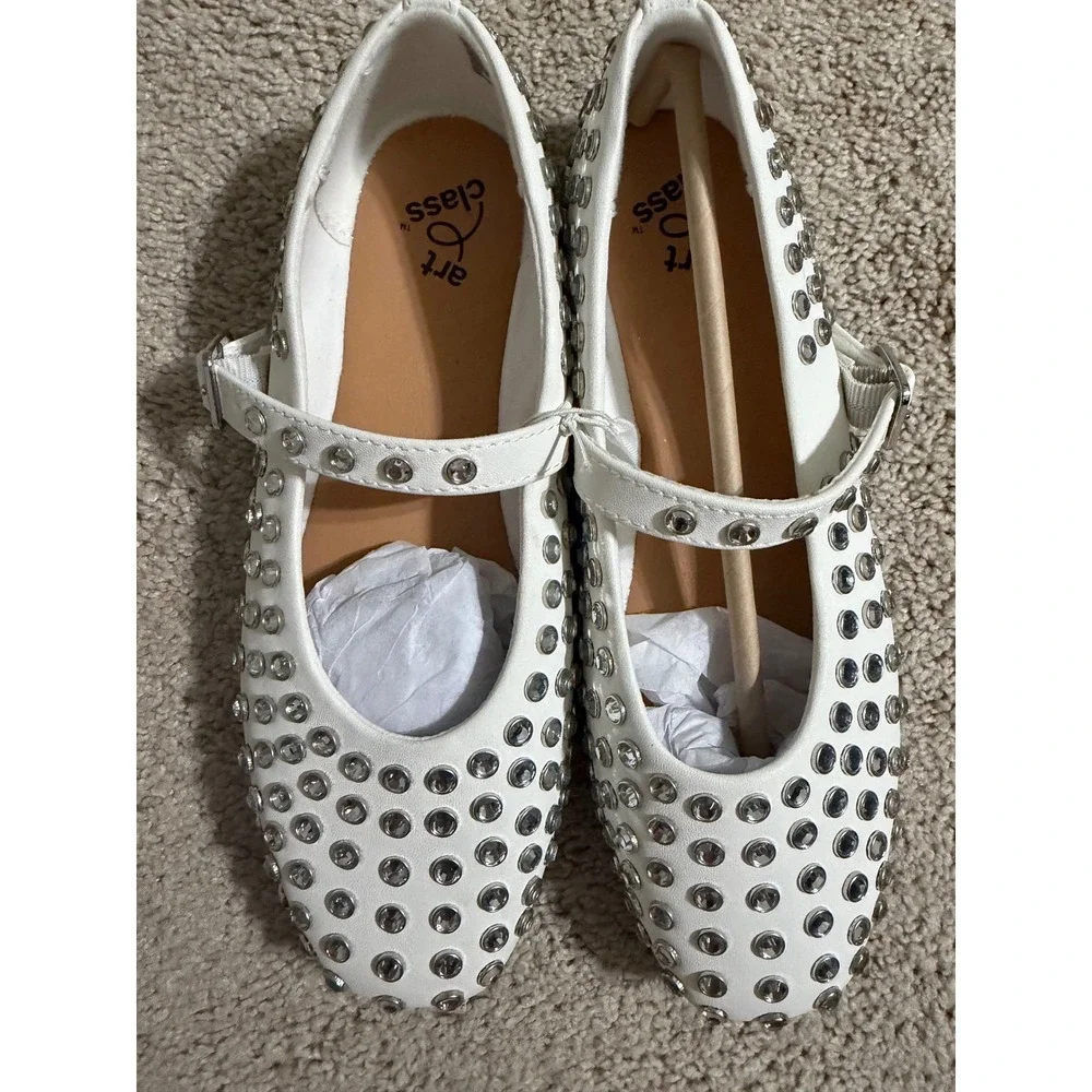 Art Class Girls White Rhinestone Studded Mary Jane Flats Buckle Strap Size 5